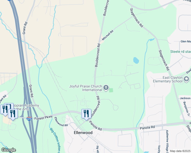 map of restaurants, bars, coffee shops, grocery stores, and more near Jones Road in Ellenwood