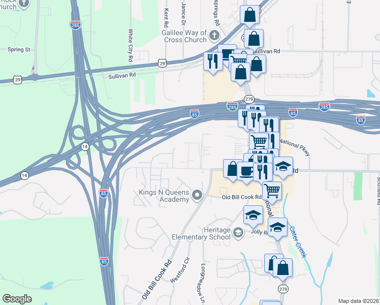 map of restaurants, bars, coffee shops, grocery stores, and more near 2727 Godby Road in Atlanta