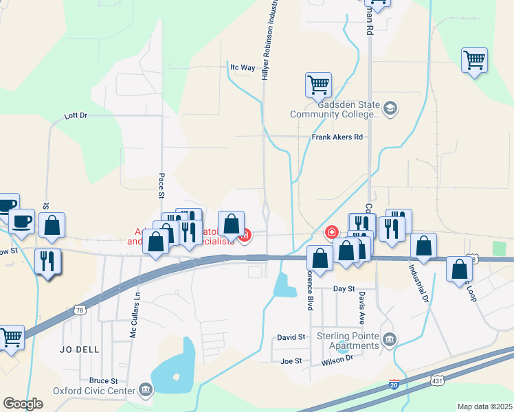 map of restaurants, bars, coffee shops, grocery stores, and more near 1674 Hillyer Robinson Parkway South in Oxford