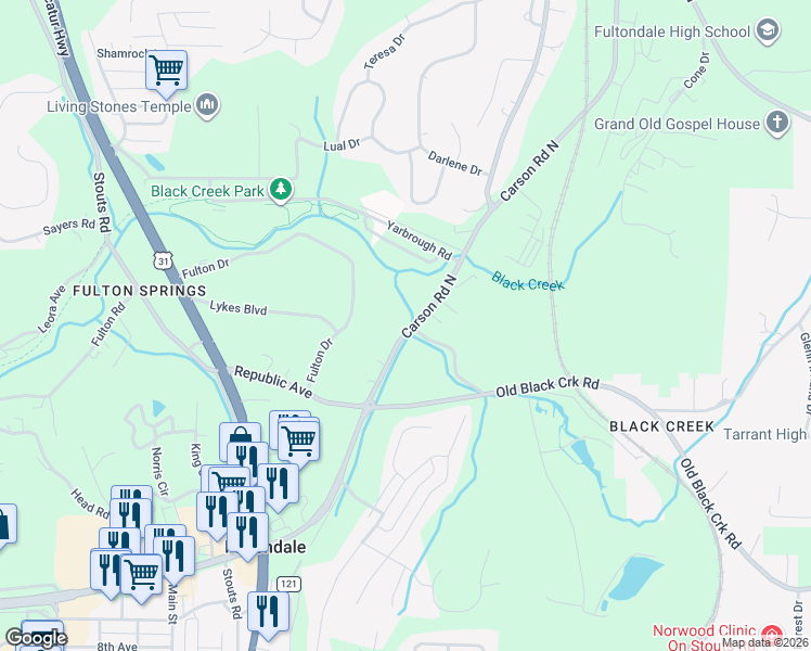 map of restaurants, bars, coffee shops, grocery stores, and more near 1843 Carson Road in Birmingham