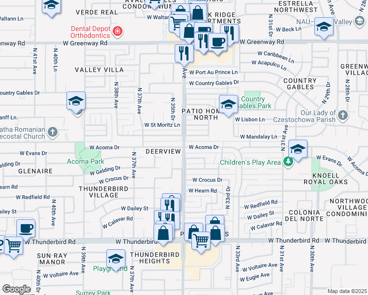map of restaurants, bars, coffee shops, grocery stores, and more near N 35th Ave & W Acoma Dr in Phoenix