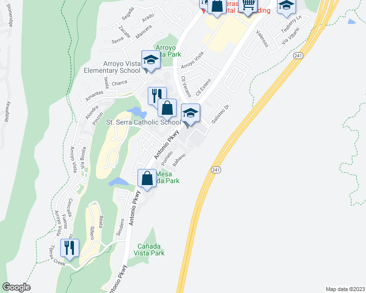 map of restaurants, bars, coffee shops, grocery stores, and more near 19 Baya in Rancho Santa Margarita