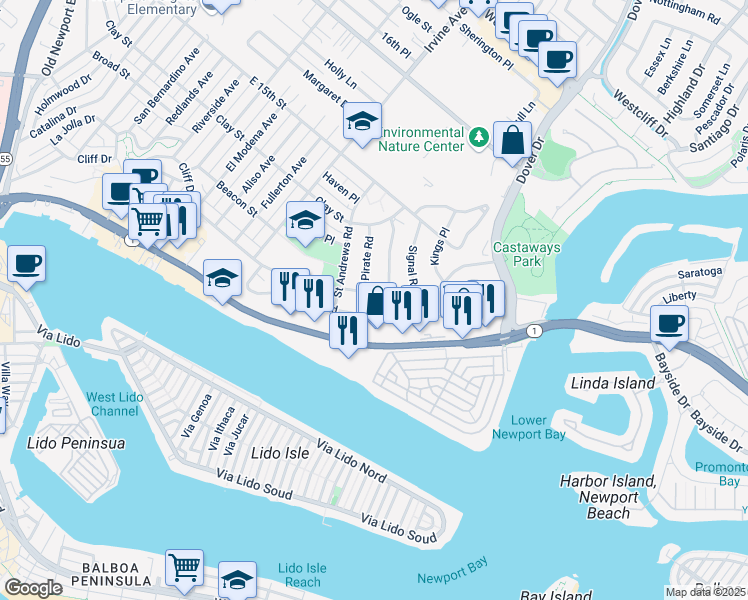 map of restaurants, bars, coffee shops, grocery stores, and more near 1001 Cliff Drive in Newport Beach