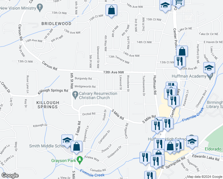 map of restaurants, bars, coffee shops, grocery stores, and more near 1200 Birchwood Street in Birmingham