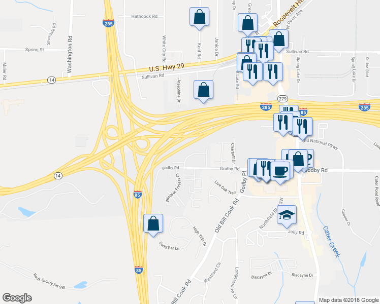 map of restaurants, bars, coffee shops, grocery stores, and more near 2835 Windsor Forrest Court in Atlanta