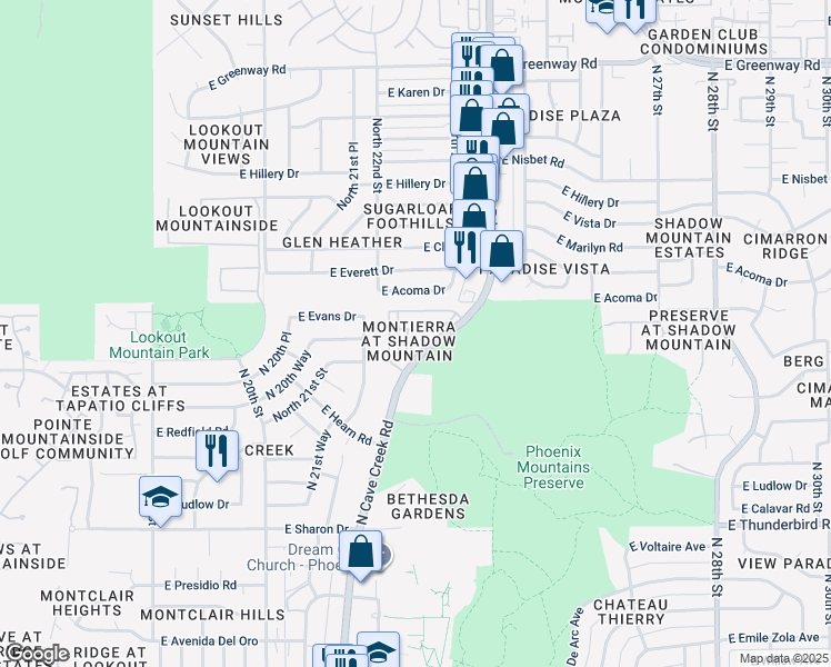 map of restaurants, bars, coffee shops, grocery stores, and more near 2334 East Gelding Drive in Phoenix