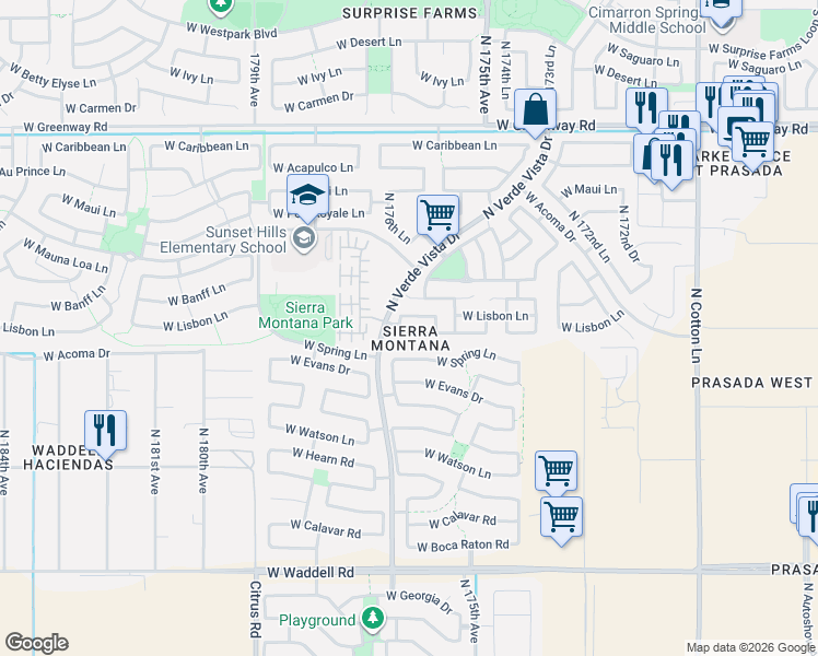 map of restaurants, bars, coffee shops, grocery stores, and more near 17650 West Mandalay Lane in Surprise