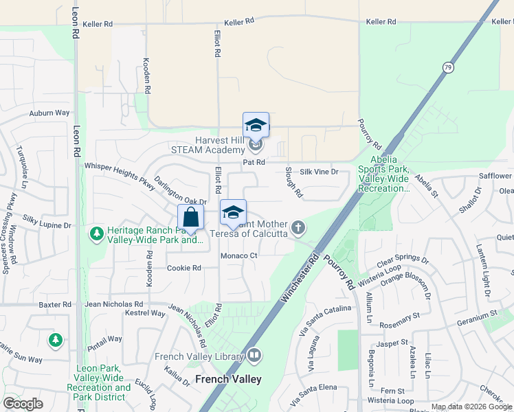 map of restaurants, bars, coffee shops, grocery stores, and more near 31637 Meadow Lane in Winchester