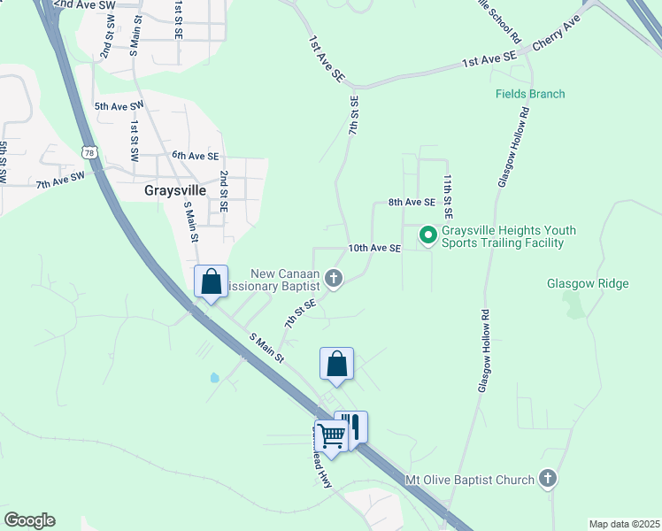 map of restaurants, bars, coffee shops, grocery stores, and more near 1064 7th Street Southeast in Graysville