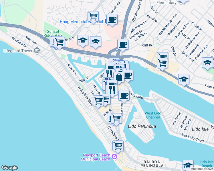 map of restaurants, bars, coffee shops, grocery stores, and more near 506 Clubhouse Avenue in Newport Beach