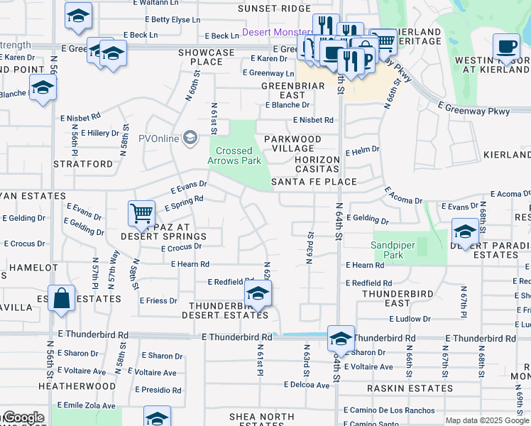 map of restaurants, bars, coffee shops, grocery stores, and more near 6220 East Evans Drive in Scottsdale