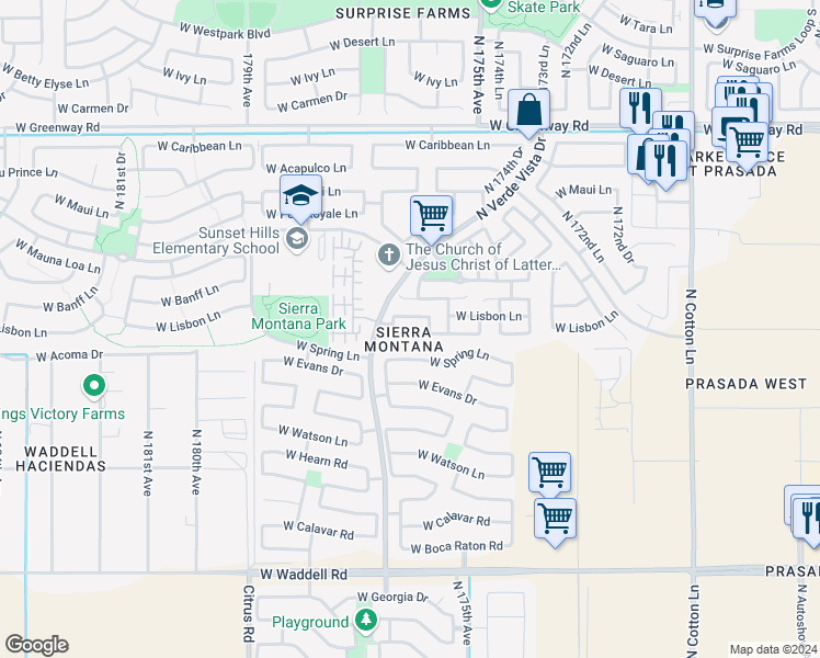 map of restaurants, bars, coffee shops, grocery stores, and more near 17634 West Mandalay Lane in Surprise