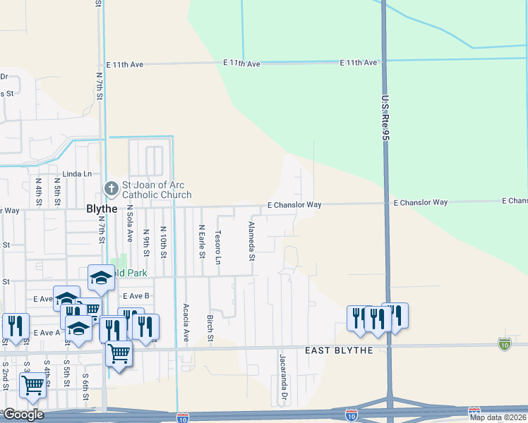 map of restaurants, bars, coffee shops, grocery stores, and more near 1421 Mesquite Road in Blythe