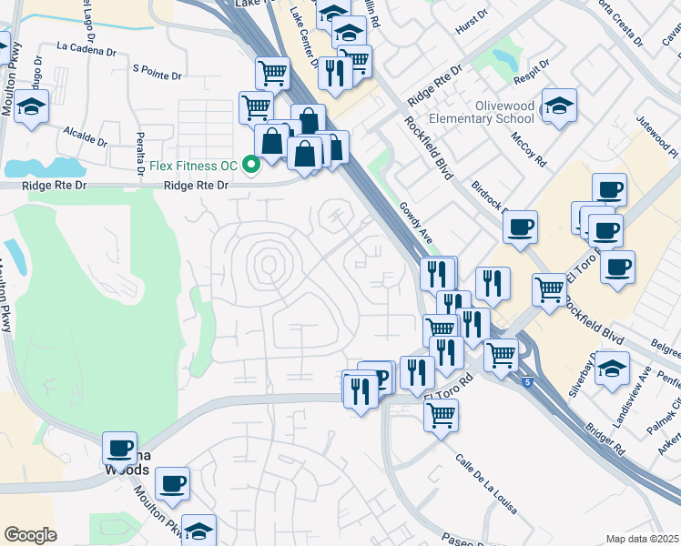 map of restaurants, bars, coffee shops, grocery stores, and more near 2109 Via Puerta in Laguna Woods