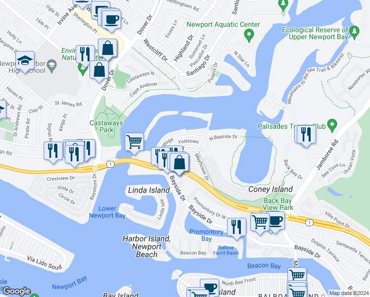 map of restaurants, bars, coffee shops, grocery stores, and more near 107 North Bayside Drive in Newport Beach