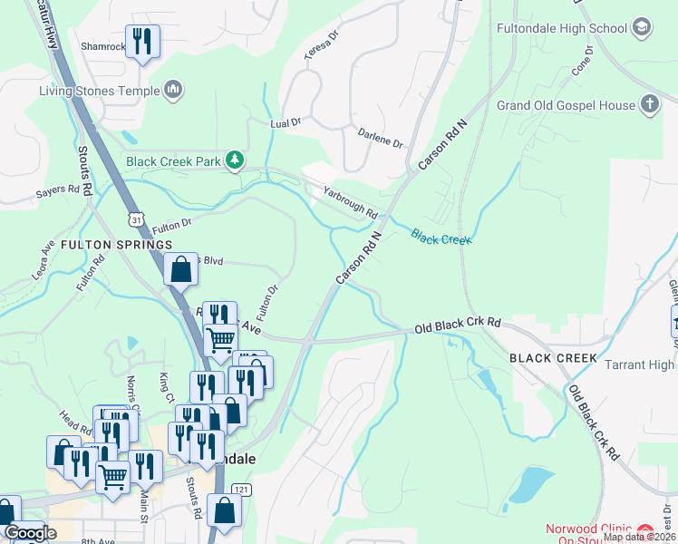 map of restaurants, bars, coffee shops, grocery stores, and more near 1843 Carson Road in Birmingham