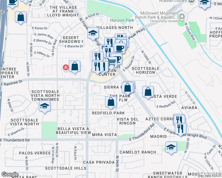 map of restaurants, bars, coffee shops, grocery stores, and more near 9555 East Raintree Drive in Scottsdale