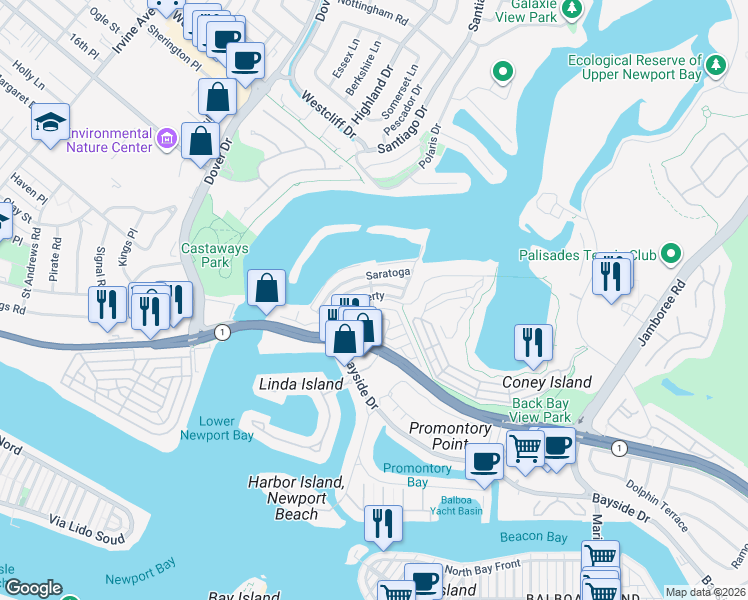 map of restaurants, bars, coffee shops, grocery stores, and more near 107 North Bayside Drive in Newport Beach