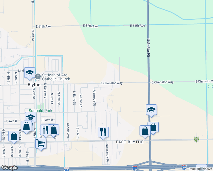 map of restaurants, bars, coffee shops, grocery stores, and more near 1511 Mesquite Road in Blythe