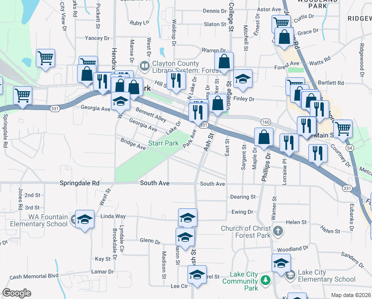 map of restaurants, bars, coffee shops, grocery stores, and more near 5014 Park Avenue in Forest Park