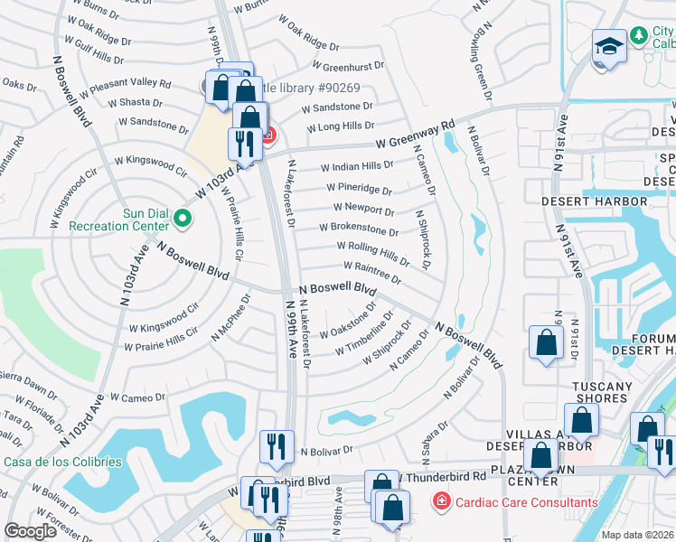 map of restaurants, bars, coffee shops, grocery stores, and more near 9702 West Raintree Drive in Sun City