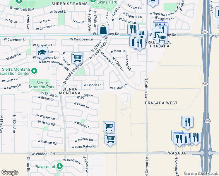 map of restaurants, bars, coffee shops, grocery stores, and more near 12373 North 173rd Lane in Surprise