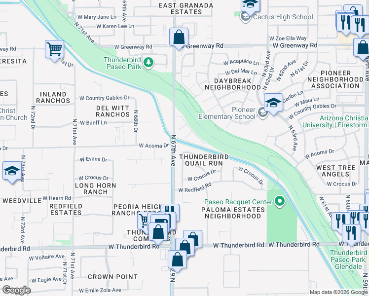 map of restaurants, bars, coffee shops, grocery stores, and more near 6628 West Evans Drive in Glendale