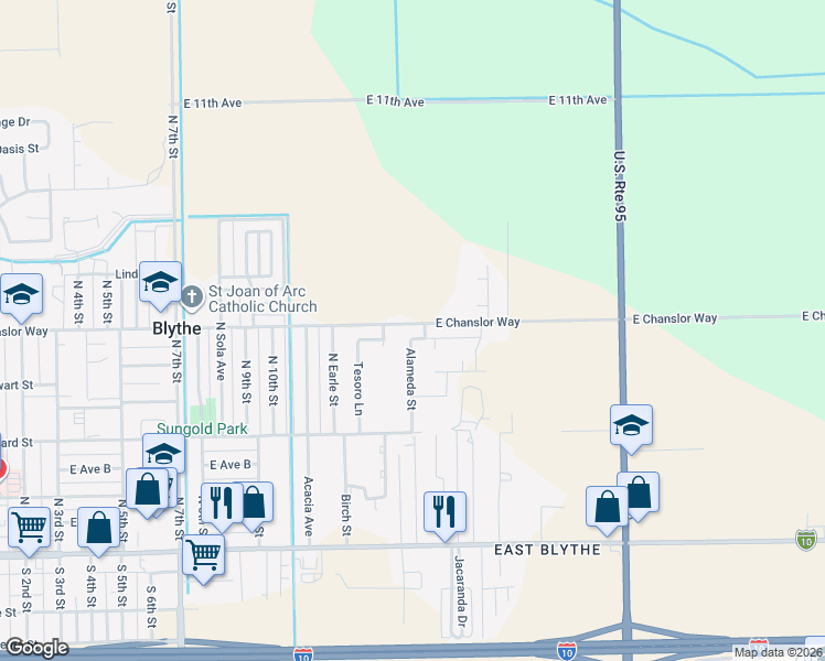 map of restaurants, bars, coffee shops, grocery stores, and more near 1421 Mesquite Road in Blythe