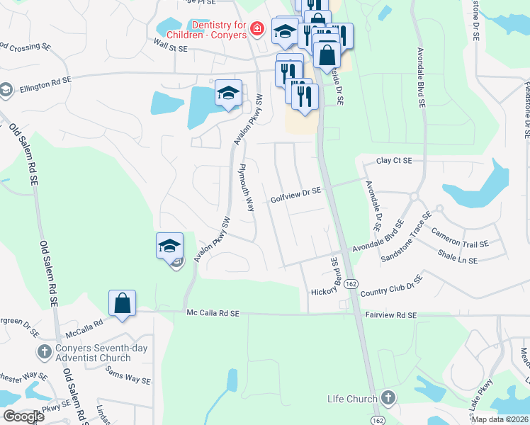 map of restaurants, bars, coffee shops, grocery stores, and more near 2614 Country Trce Southeast in Conyers