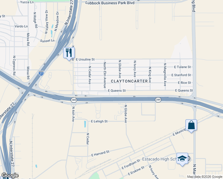 map of restaurants, bars, coffee shops, grocery stores, and more near 510 East Rice Street in Lubbock