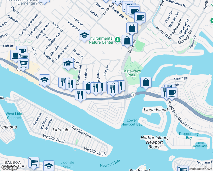 map of restaurants, bars, coffee shops, grocery stores, and more near 600 Cliff Drive in Newport Beach