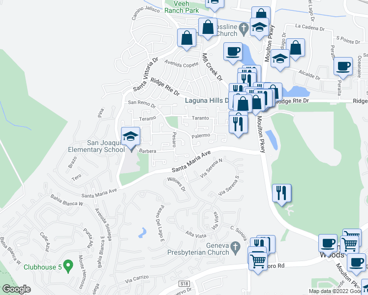 map of restaurants, bars, coffee shops, grocery stores, and more near 22441 Lombardi in Laguna Hills
