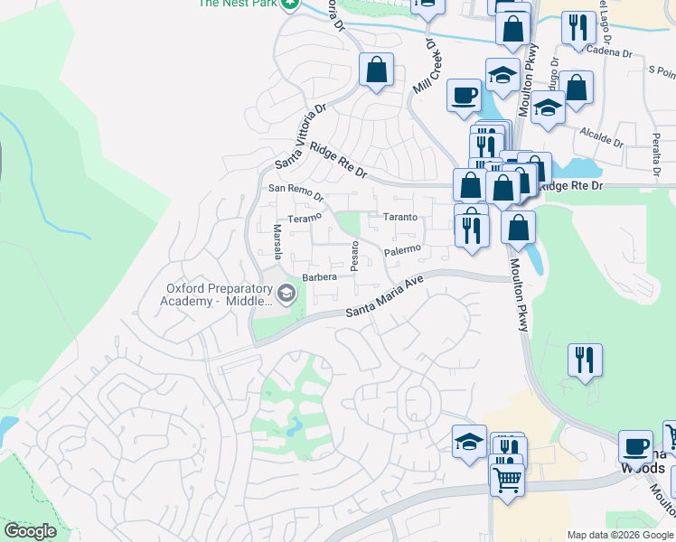 map of restaurants, bars, coffee shops, grocery stores, and more near 22341 Savona in Laguna Hills