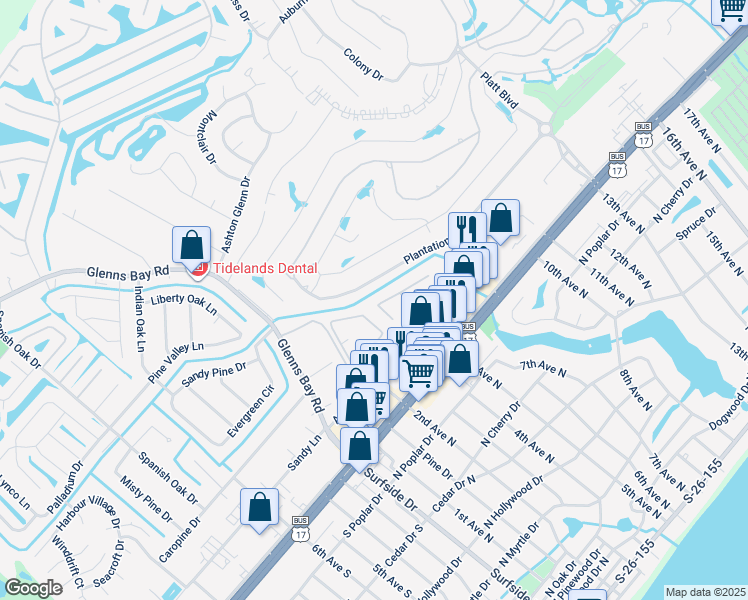 map of restaurants, bars, coffee shops, grocery stores, and more near 723 Plantation Drive in Myrtle Beach