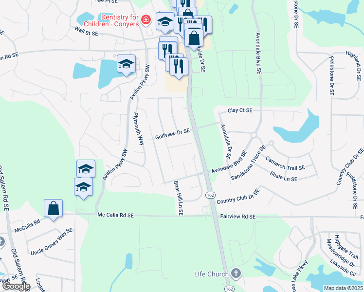 map of restaurants, bars, coffee shops, grocery stores, and more near 2126 Fieldstone View Court Southeast in Conyers