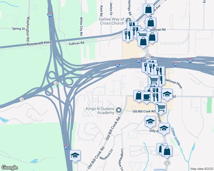map of restaurants, bars, coffee shops, grocery stores, and more near 5072 Windsor Forrest Lane in College Park