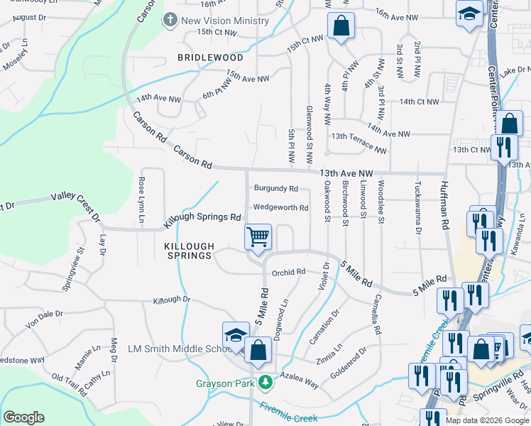 map of restaurants, bars, coffee shops, grocery stores, and more near 1143 6th Street Northwest in Center Point