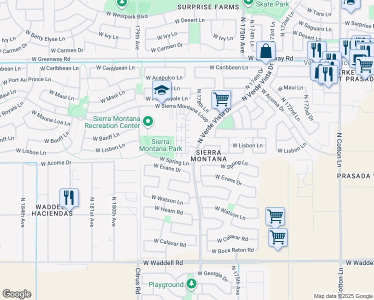 map of restaurants, bars, coffee shops, grocery stores, and more near 17694 West Mandalay Lane in Surprise