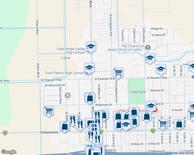 map of restaurants, bars, coffee shops, grocery stores, and more near 713 West Chanslor Way in Blythe