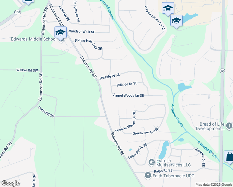 map of restaurants, bars, coffee shops, grocery stores, and more near 2617 Laurel Woods Lane Southeast in Conyers