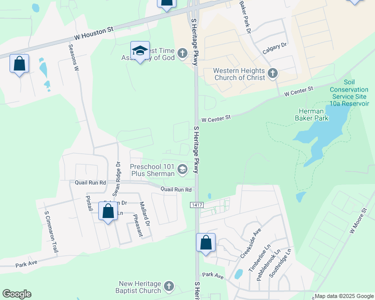 map of restaurants, bars, coffee shops, grocery stores, and more near 800 South Heritage Parkway in Sherman