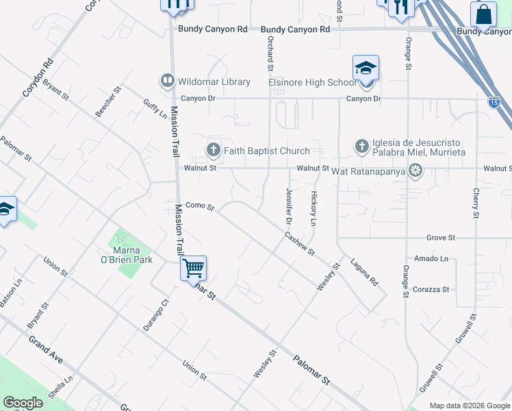 map of restaurants, bars, coffee shops, grocery stores, and more near 20718 Cashew Street in Wildomar