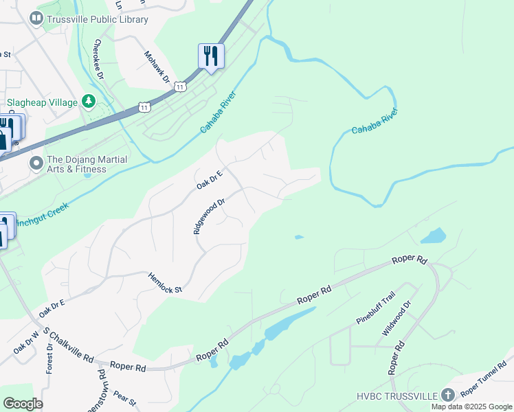 map of restaurants, bars, coffee shops, grocery stores, and more near 99 Ridgewood Drive in Trussville
