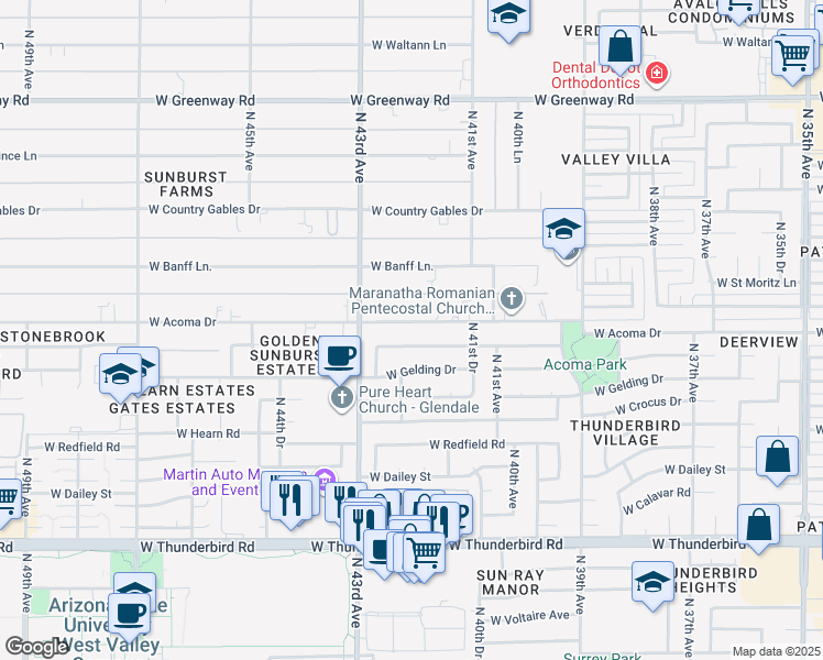 map of restaurants, bars, coffee shops, grocery stores, and more near 4201 West Acoma Drive in Phoenix