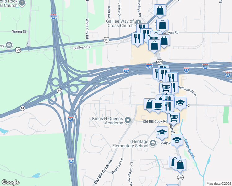 map of restaurants, bars, coffee shops, grocery stores, and more near 5072 Windsor Forrest Lane in College Park