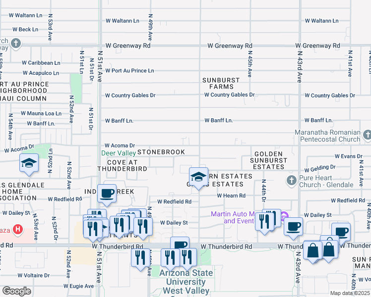 map of restaurants, bars, coffee shops, grocery stores, and more near 4725 West Acoma Drive in Glendale