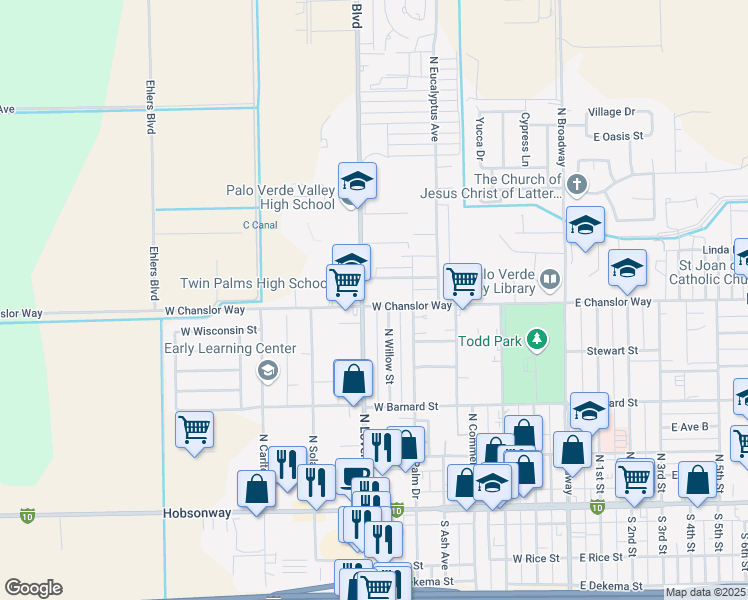map of restaurants, bars, coffee shops, grocery stores, and more near 725 West Chanslor Way in Blythe