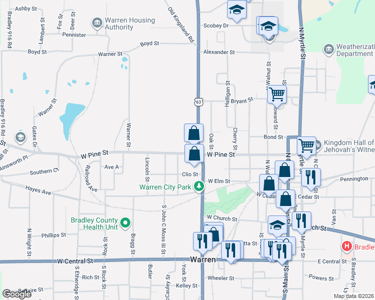 map of restaurants, bars, coffee shops, grocery stores, and more near 508 West Pine Street in Warren