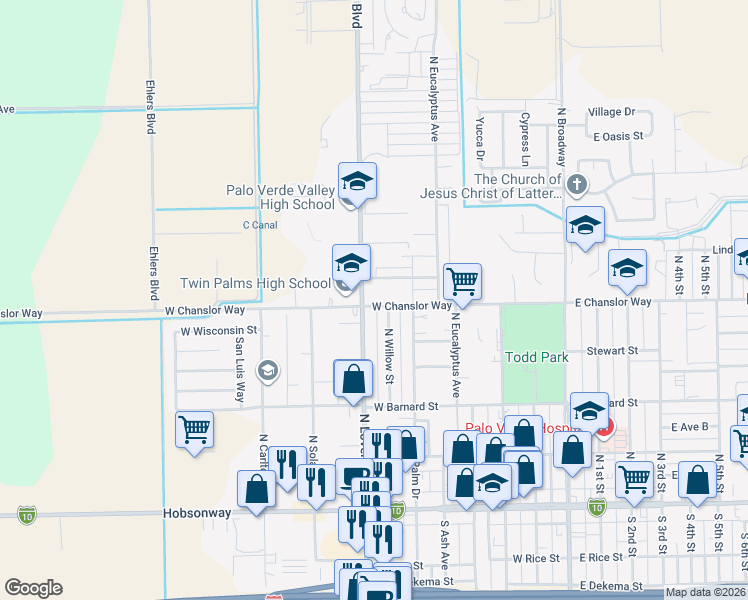 map of restaurants, bars, coffee shops, grocery stores, and more near 725 West Chanslor Way in Blythe