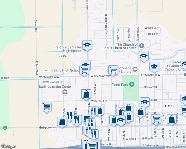 map of restaurants, bars, coffee shops, grocery stores, and more near 713 West Chanslor Way in Blythe